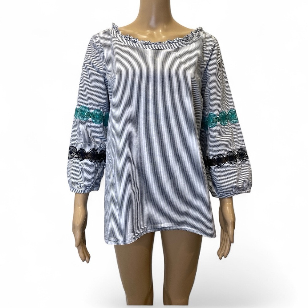 Talbots Blue Striped Blouse with Lace Details